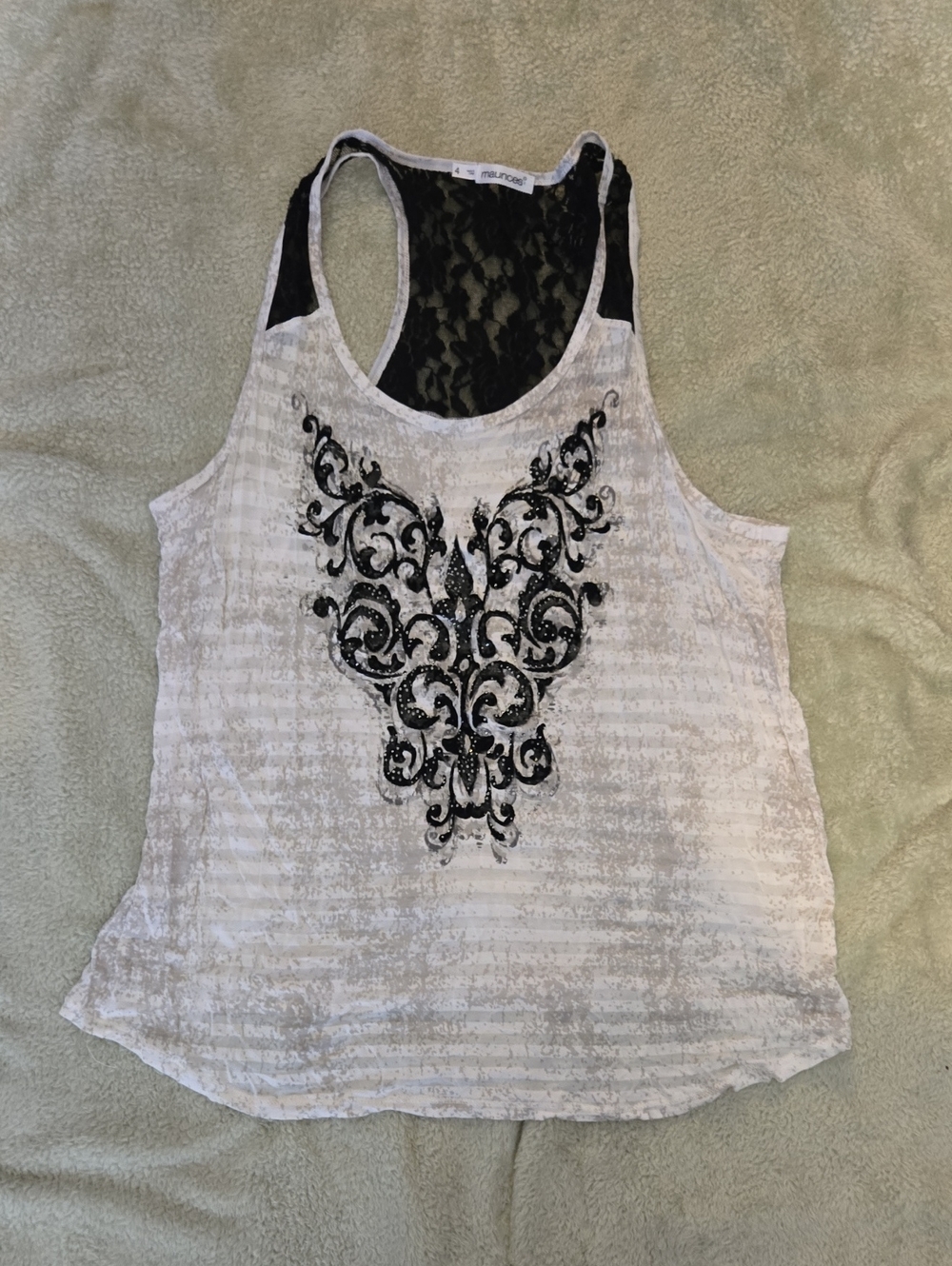 Maurices White Racerback Tank with Black Lace and Ornate Print